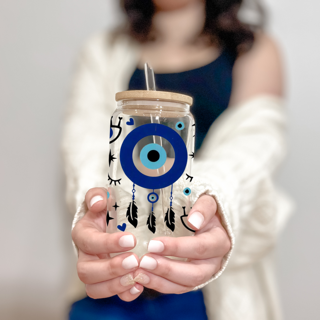 16oz Cold Coffee Glass Can Evil Eye